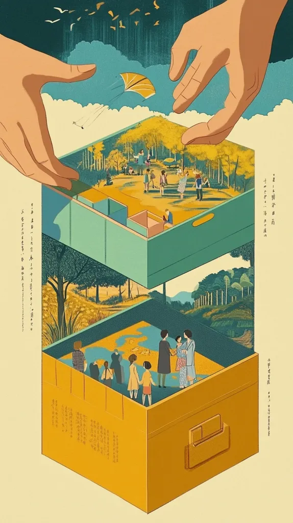 The image shows a yellow box with a blue lid, which is being opened by two hands. Inside the box are three different scenes: a forest with people walking, a field with people, and a group of children playing in a field. The image is a metaphor for the world as a box of possibilities. The hands opening the box represent the journey of life and the exploration of new experiences. The different scenes inside the box represent the various facets of life, from the simple and serene to the complex and chaotic. The image is a visual representation of the idea that life is a journey of discovery, and that there is always something new to learn and explore.