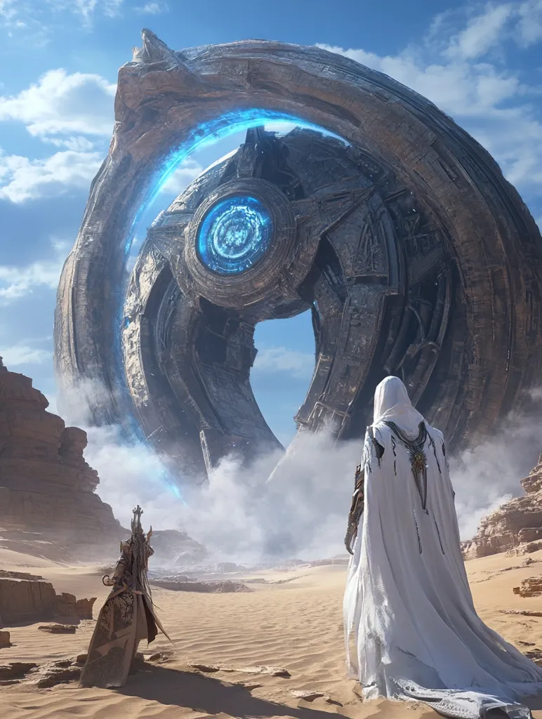 A massive, circular, metallic spacecraft hovers over a desert landscape. The spacecraft has a glowing blue ring around its center, emanating an ethereal glow. Two figures, one in a flowing white robe and the other in ornate armor, stand in the sand, dwarfed by the monumental scale of the alien technology. The scene is bathed in an otherworldly light, suggesting a momentous encounter between humans and extraterrestrial forces.