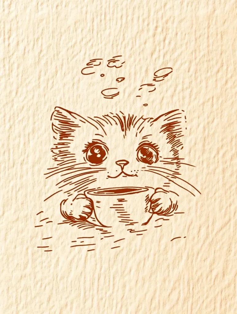 The image shows a hand-drawn illustration of a cat holding a cup of coffee. The cat is looking at the viewer with big, round eyes and a small smile. Steam is rising from the cup, and the image is drawn in a brown color on a beige background. The cat is drawn in a cute and whimsical style, and the image is overall very charming and heartwarming.