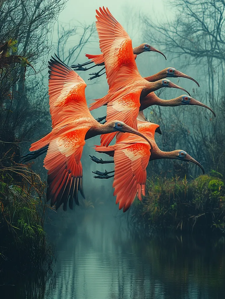 A flock of five scarlet ibis fly in formation over a still, misty lake. The vibrant orange birds have long, slender necks and beaks, and their wings are spread wide. The background is a blur of green and brown foliage, suggesting a tranquil, natural setting. The image evokes a sense of peace and tranquility, with the birds' graceful flight adding to the sense of wonder and beauty.
