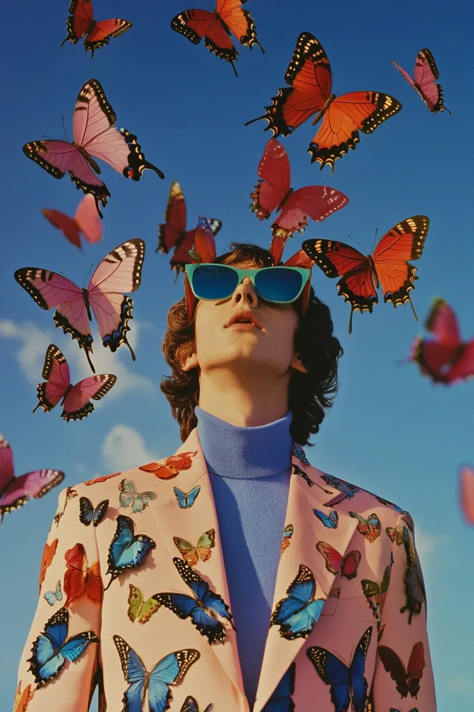 A young man wearing a pink suit covered in butterfly patterns, blue turtleneck and blue and green tinted sunglasses. He is looking up at a blue sky with many butterflies flying around him. The butterflies are in various colors and sizes, adding to the whimsical and surreal atmosphere of the image.