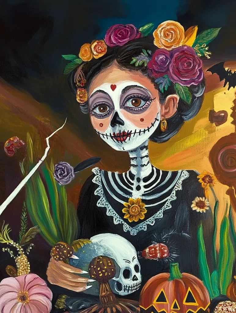 A woman with a sugar skull makeup and a flower crown holds a skull in her hand. She wears a black dress with a lace collar and a skeleton design on the bodice. The image has a dark background with vibrant flowers, a pumpkin, and other objects,  evoking the atmosphere of Dia de los Muertos, the Day of the Dead. The image is a mixture of vibrant colors and detailed imagery, creating a visually compelling piece.