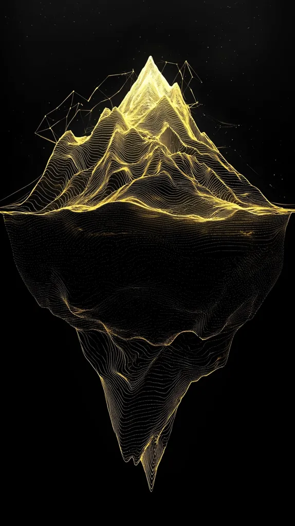 The image depicts a stylized mountain range rendered in a golden wireframe. It's set against a black background, emphasizing the intricate lines and details of the mountain. The wireframe structure gives the impression of depth and movement, making the mountain seem almost ethereal and otherworldly.