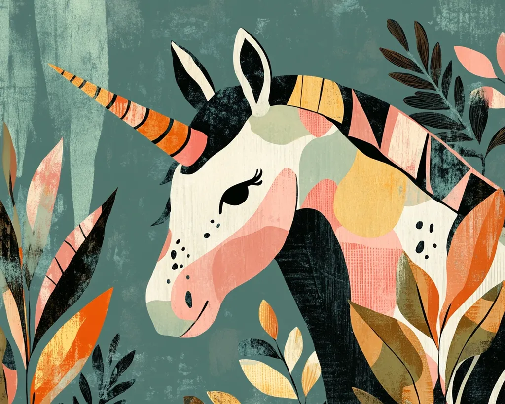 A stylized unicorn, with a long, orange horn, is set against a background of green and brown, with leaves and flowers in shades of orange and yellow. The unicorn has a pink, white and black face with a closed eye and a patterned body. The art style is abstract, with a focus on bold shapes and colors. The overall effect is whimsical and playful.