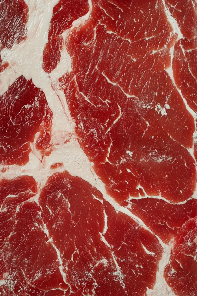 The image shows a close-up of a raw piece of meat, likely beef. The surface is a rich, deep red, with visible marbling and a slight dusting of white powder, possibly flour or seasoning. The texture is rough and slightly uneven, emphasizing the natural grain and fibers of the meat.  The lighting is soft and diffused, highlighting the intricate detail of the meat's surface.