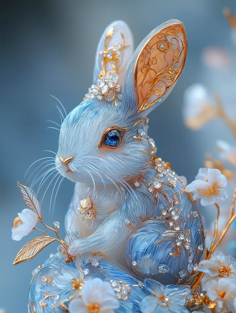 A delicate porcelain bunny sculpture adorned with intricate gold filigree and sparkling rhinestones sits amidst a cluster of white blossoms. The bunny's fur is painted in soft shades of blue, and its large, expressive eyes are a vibrant blue. The sculpture is bathed in a soft, ethereal light, creating a sense of magic and wonder.