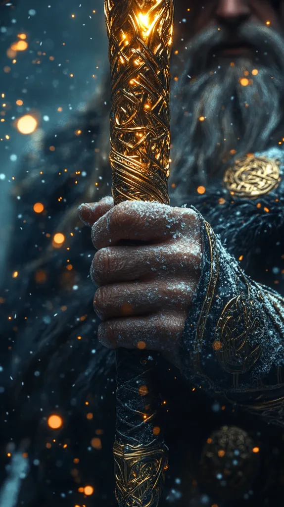 A close-up shot of a hand holding a golden staff, intricate with designs. The hand is covered in snow, and the background is blurred with out-of-focus lights. The image has a fantasy and magical feel. The staff seems to be glowing, creating a mystical atmosphere.  A bearded figure partially obscured by the snow is visible in the background.  The scene has a dark and mysterious aesthetic.