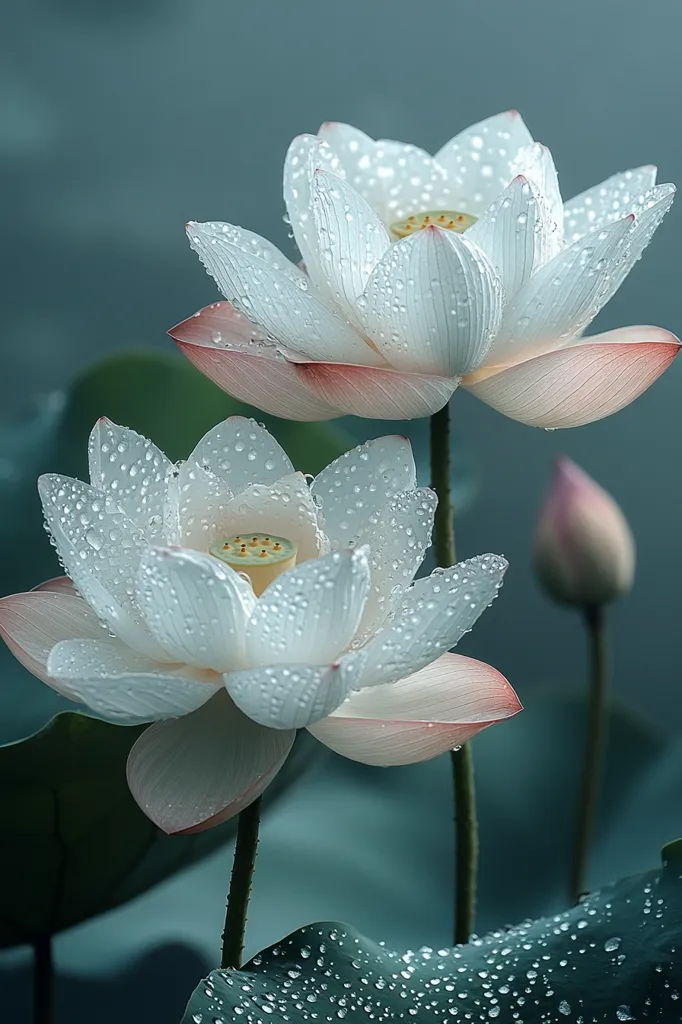 Two white water lilies with delicate pink edges are in full bloom, their petals covered in glistening water droplets. They stand tall against a backdrop of lush green leaves, also dotted with raindrops, creating a serene and beautiful scene. The image evokes a sense of tranquility and purity, as if captured in a moment of timeless beauty.