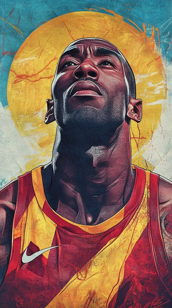 The image is a close-up portrait of a Black basketball player wearing a red, yellow and white jersey. The player is looking upwards with a determined expression.  He is standing in front of a cracked, golden orb. The image has a painterly style, with thick brushstrokes and bold colors.