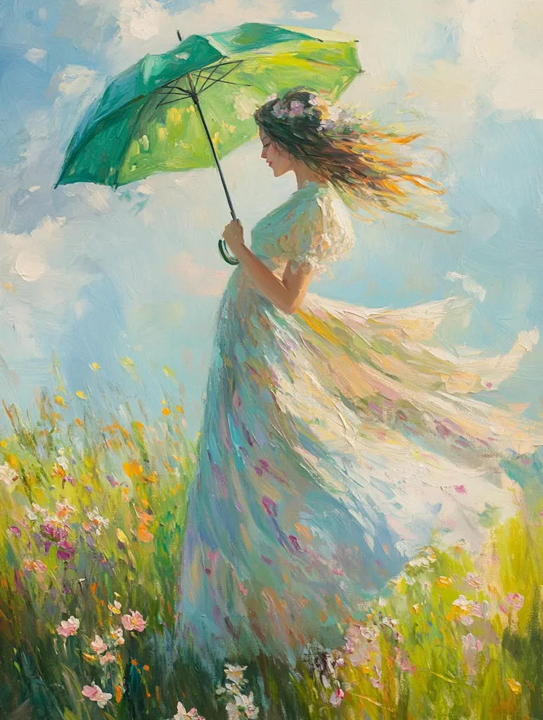 A woman in a flowing white dress stands in a field of flowers, holding a green umbrella overhead. Her hair is flowing in the wind, and she looks down at the ground. The sky is a bright blue with fluffy white clouds. The painting is done in a loose, impressionistic style, with bold strokes of color. The overall mood of the painting is serene and peaceful.