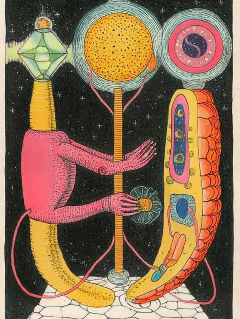 The image depicts a surreal and colorful scene. A pink, humanoid figure with long limbs is connected to a central pole. Above, a yellow orb, with a ring of smaller orbs, is attached to the pole. To the right, a segmented, orange-and-red creature is connected to the pole with a blue tube. The background is a black starry night. The image is filled with intricate details and whimsical shapes, evoking a sense of wonder and mystery.