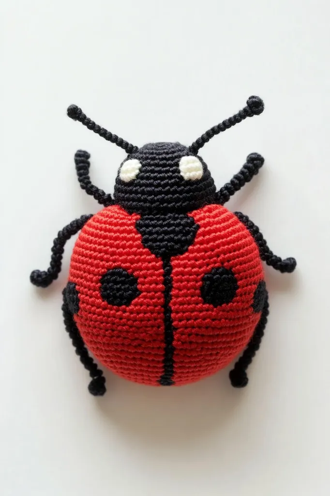A crocheted ladybug with a red body, black spots, and a black head with white eyes sits on a white surface. The ladybug is facing the camera and its long, thin antennae are stretched out. The ladybug is made with a textured, crocheted yarn.