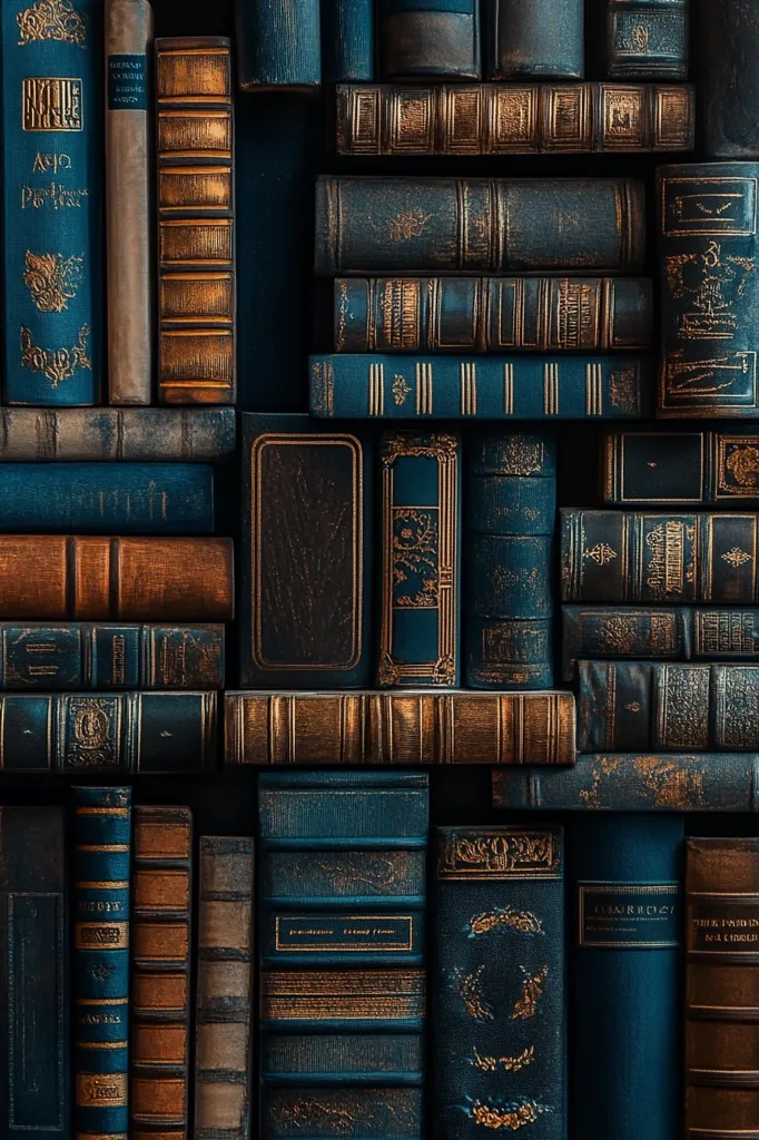 The image shows a wall of books, arranged in a grid-like pattern. The books are predominantly blue and brown, with gilded detailing on the spines.  The intricate designs and textures of the books suggest they are old and well-loved. They are stacked neatly, creating a sense of order and history. The image evokes a feeling of warmth, knowledge, and the beauty of old craftsmanship.