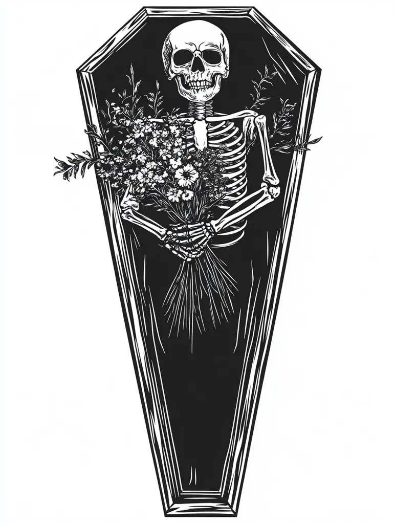 A black and white illustration of a skeleton lying in a coffin, holding a bouquet of flowers. The skeleton has a skull with an open mouth and a rib cage visible. The coffin is closed and has a lid. The image is drawn in a detailed and realistic style. The flowers are delicate and intricate. The overall tone of the image is dark and somber, but the flowers bring a sense of hope and beauty to the scene.