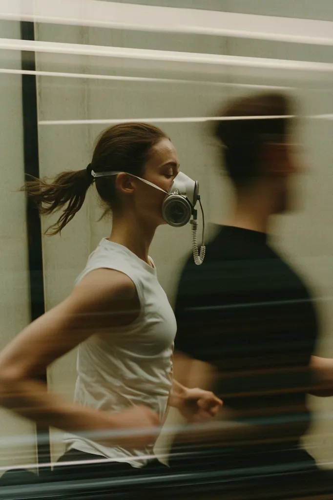 A woman wearing a white tank top and a gas mask runs past a blurry figure in a black shirt. Both are in motion, their movements blurred by the speed. The background is a concrete wall with horizontal lines, adding to the sense of speed and motion. The image creates a feeling of urgency and the need to escape.