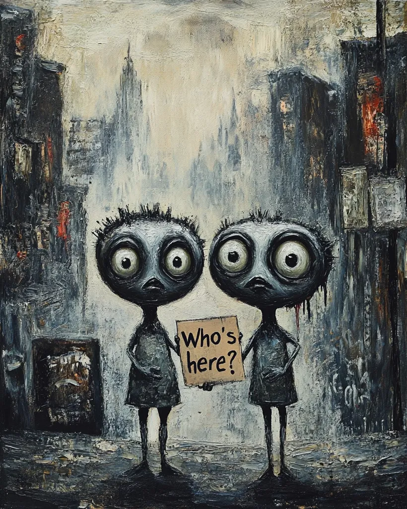 The painting depicts two humanoid figures with large, round eyes, standing in a desolate, urban environment.  They hold a sign that reads "Who's here?"  The background is a dark, gritty city scape with buildings and a foggy sky.  The overall mood is eerie and unsettling.  The painting is done in a dark, painterly style.