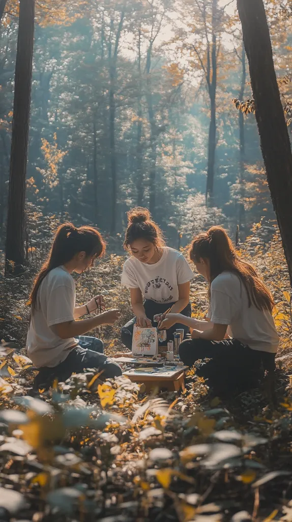 Three young women are sitting on the ground in a forest, surrounded by lush green foliage. They are painting on an easel in front of them. The scene is bathed in a soft, golden light that filters through the trees. They are dressed casually in white shirts and jeans. Their long hair flows in the breeze.