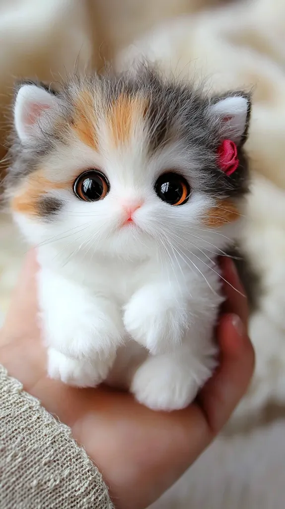A small, fluffy kitten with big, round eyes sits in a person's hand. It has a soft, white coat with patches of orange and grey fur. The kitten has a pink flower tucked behind its ear. It looks up with a curious expression.
