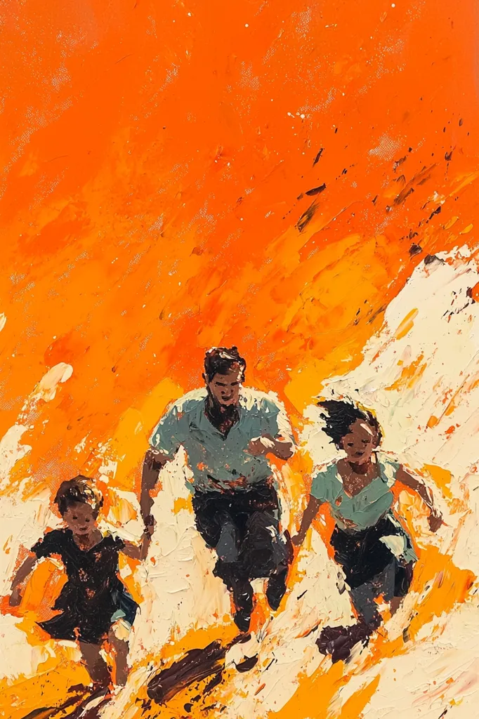 A family of four runs through a vibrant orange landscape.  The father leads the way, followed by his wife and two children.  Their expressions are joyful and carefree.  The painting is done in a bold and expressive style, capturing the energy of the moment.  The background is a mix of orange, yellow, and white, giving the impression of a bright and sunny day.