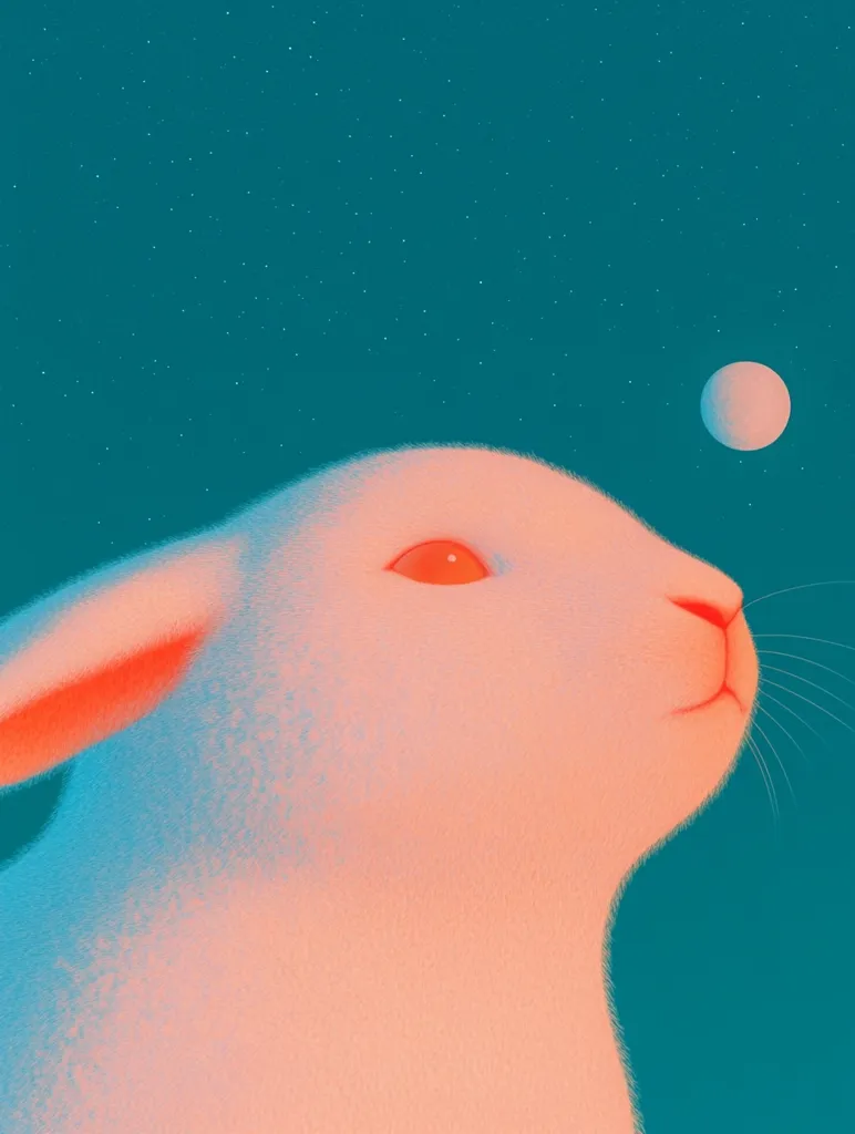 The image depicts a close-up of a white rabbit's face against a teal blue background, dotted with white stars and a single white moon. The rabbit's fur is soft and fuzzy, and its eyes are closed. The overall impression is one of peace and tranquility.  The colors are vibrant and saturated, creating a dreamy and whimsical atmosphere.