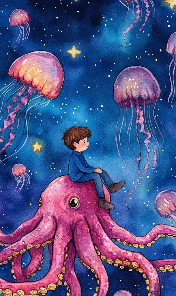 A young boy sits atop a large pink octopus, floating in a starry night sky. Several jellyfish drift in the distance, their glowing bodies adding to the magical atmosphere.  The scene evokes a sense of wonder and adventure, as the boy seems to be exploring the vastness of space.  The watercolor style adds a soft, dreamlike quality to the image.