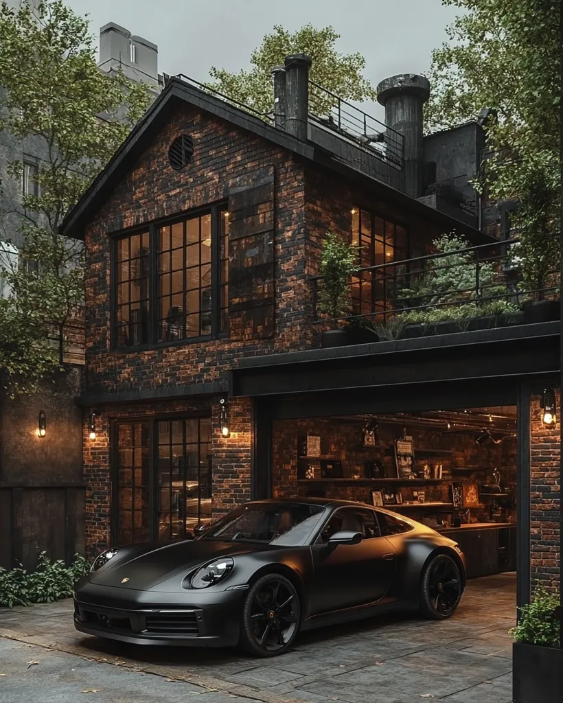 A sleek, black Porsche sits in the open garage of a stylish brick home. The house features large windows, a black metal roof, and a small balcony. Lush greenery surrounds the home, adding a touch of nature to the urban setting. The scene exudes a sense of luxury and sophistication.