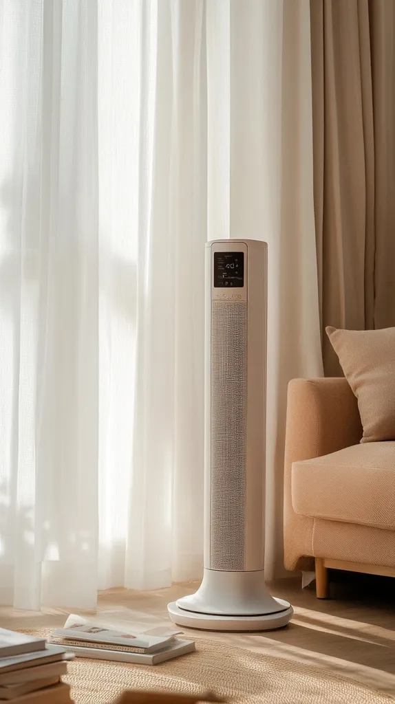 A white tower heater with a digital display sits on a wooden floor in front of a sheer white curtain and a beige couch. The sun shines through the curtains, creating a warm and inviting atmosphere. The heater is sleek and modern, with a textured grille and a circular base. There are magazines on the floor nearby, and the whole scene suggests a comfortable living space.