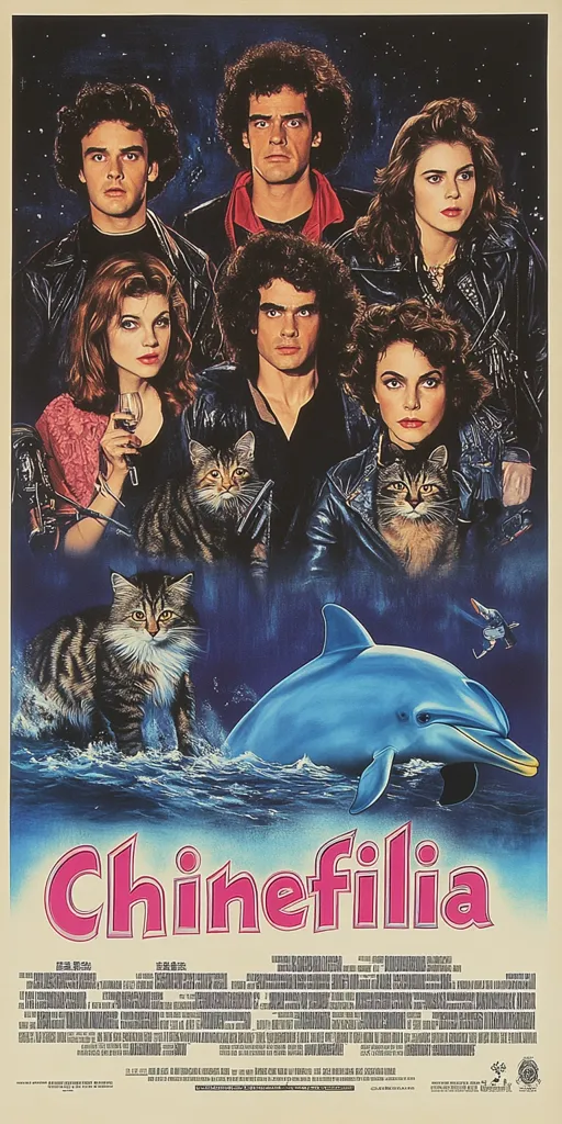The poster features a group of young adults and cats. They are posed in front of a starry night sky. A dolphin jumps out of the water in the foreground. The title, "Cinefilia," is written in pink letters at the bottom. The poster is for a film about cats and dolphins.