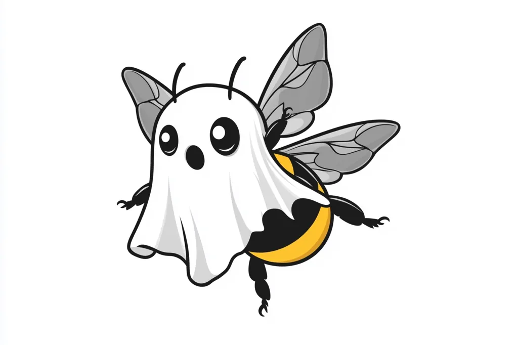A cartoon bumblebee is dressed as a ghost for Halloween. It has large, round eyes, a white sheet draped over its body, and wings outstretched.  The bumblebee is flying in mid-air with a surprised expression.  The image is done in black, white, and yellow, giving it a classic cartoon style.