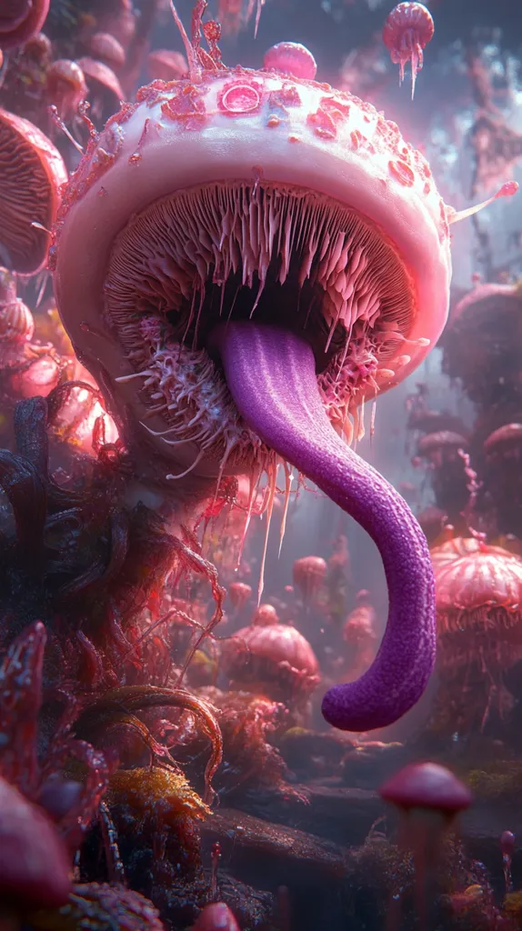 The image depicts a surreal and otherworldly scene with a prominent, bioluminescent, pink and white mushroom-like creature at the center. It has a large, open cap and a long, purple, fleshy tongue that extends down towards the viewer. The surrounding environment is filled with smaller, similar mushrooms, some of which are glowing with an ethereal light. The texture of the mushrooms and the environment is soft and fleshy, giving the impression of a living, breathing organism. The overall effect is unsettling and alien, yet beautiful and awe-inspiring.