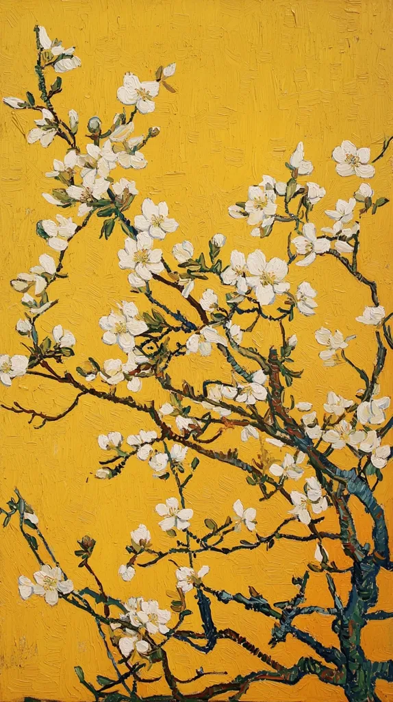 The image is an oil painting depicting a flowering almond tree branch against a vibrant yellow background. The white blossoms are rendered in thick brushstrokes, creating a textured and almost three-dimensional effect. The branches, painted in dark blue and brown, twist and turn, suggesting movement and growth. The composition is balanced, with the branch extending diagonally across the canvas, creating a sense of depth. The bright yellow background emphasizes the white blossoms, creating a striking contrast. The overall impression is one of delicate beauty and springtime vibrancy.