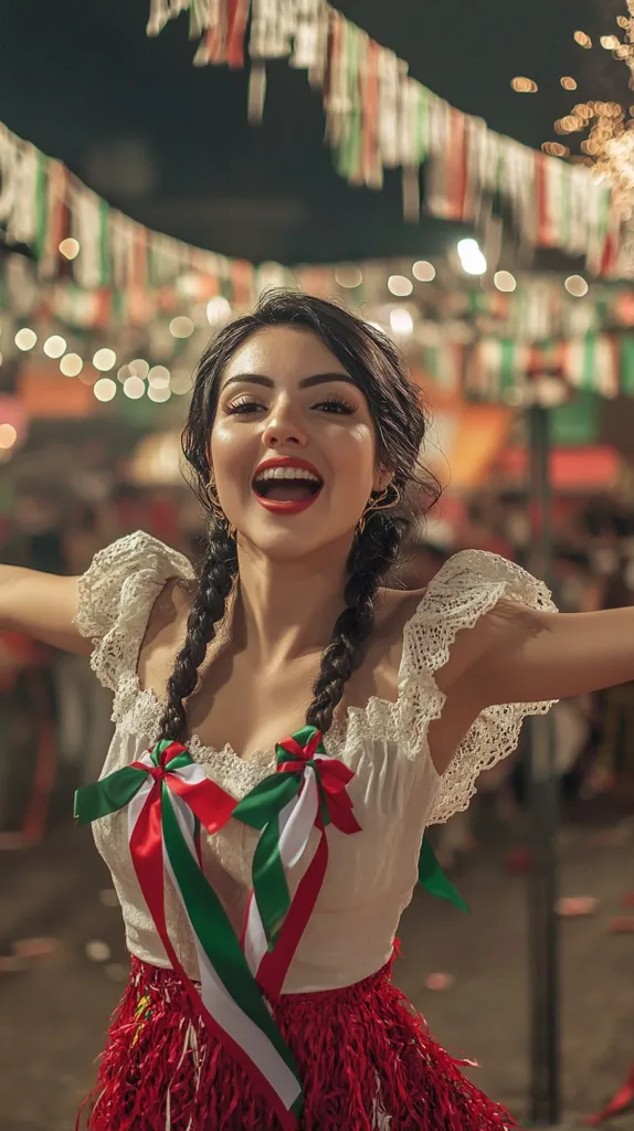 A young woman with long dark hair braided into two pigtails smiles brightly. She wears a white lace top adorned with red, white, and green ribbons. Her red skirt is made of  fronds, and she stands against a backdrop of colorful flags and festive lights. The image evokes a sense of joy and celebration.