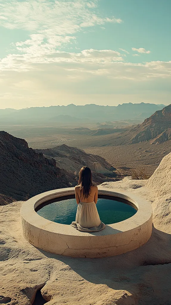A woman sits at the edge of a circular pool overlooking a vast desert landscape. The pool is built into a rocky outcropping, offering a breathtaking panoramic view of the surrounding hills and mountains. The sky is clear and blue, with wispy clouds scattered across the horizon. The woman is dressed in a simple, flowing white dress, and her long, dark hair cascades down her back. She appears to be lost in contemplation, enjoying the serenity of her secluded surroundings. The overall scene evokes a sense of peace and tranquility.