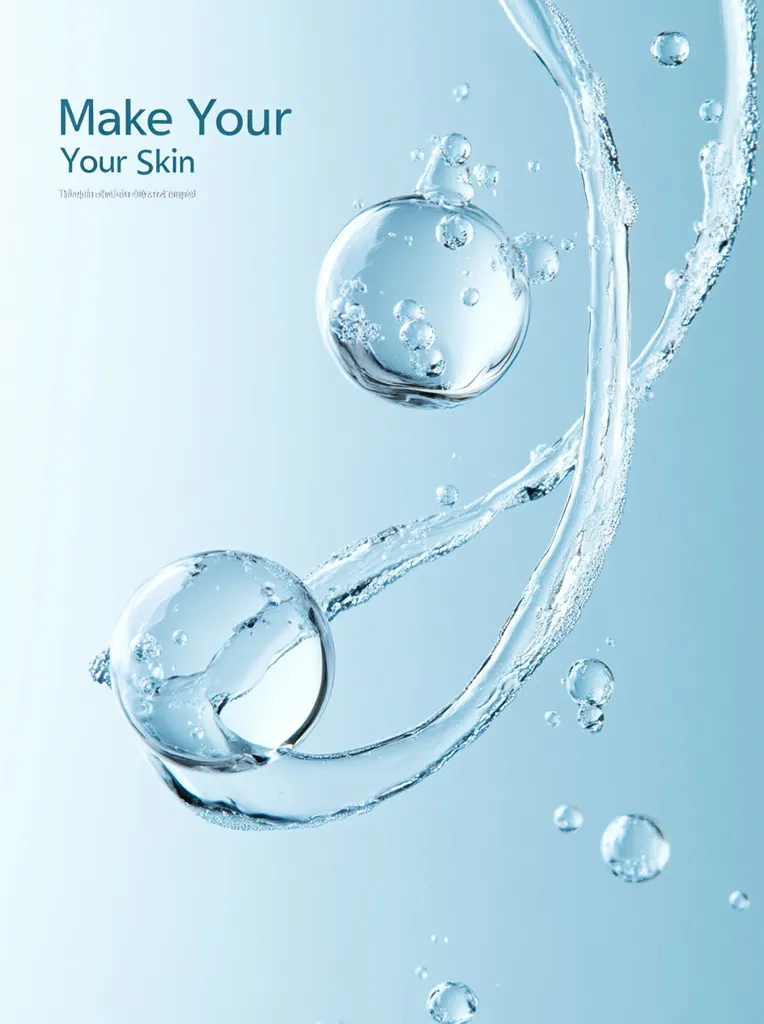 Two large water droplets are suspended in mid-air, connected by a swirling stream of water. Smaller droplets are scattered throughout the image, creating a sense of motion and fluidity. The background is a soft blue, highlighting the transparency of the water. The text "Make Your Skin" is written at the top, suggesting a connection between water and skincare.