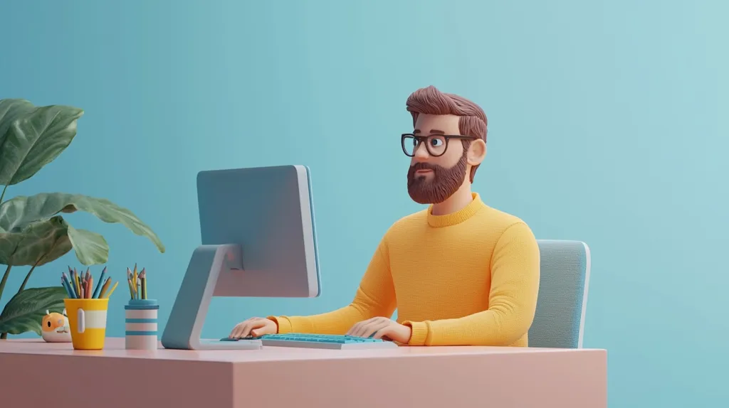 A cartoon man with a beard is sitting at a desk in front of a computer. He is wearing a yellow sweater and glasses.  The man is looking at the computer screen. There is a plant on the left side of the image. The background is a light blue color.  The desk is pink.