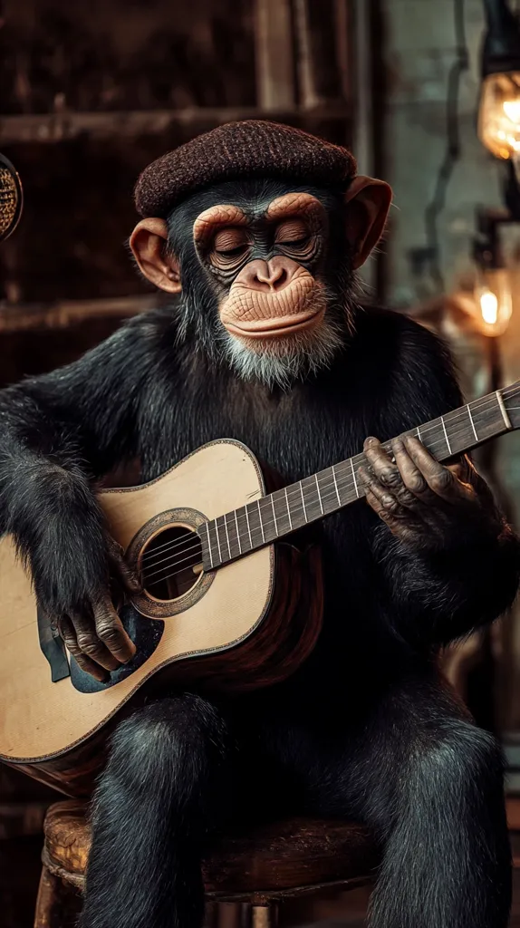A chimpanzee wearing a brown cap is sitting on a wooden stool and playing an acoustic guitar.  The chimpanzee is looking down at the guitar as it plays, and it has a serious expression on its face. The background is blurry, but it appears to be a wooden room with lights. The image is warm and inviting. The chimpanzee appears to be a skilled musician.