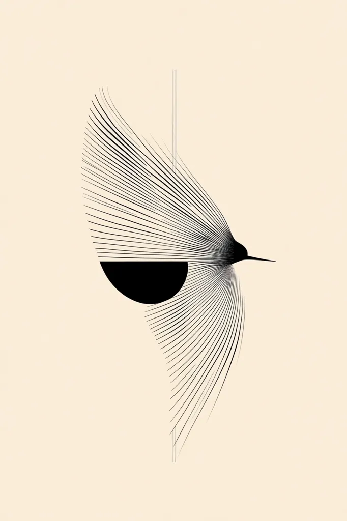 The image is a minimalist abstract design featuring a black and white color scheme. A black, semi-circular shape sits atop a series of radiating black lines, giving the impression of a bird in flight. The lines extend from the center of the circle, creating a sense of movement and energy. The composition is simple yet striking, and the negative space around the design adds to its elegance.