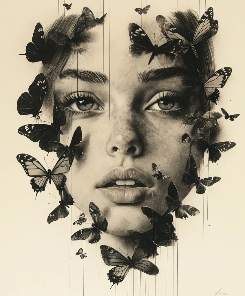A black and white drawing of a woman's face, her eyes gazing intently at the viewer. Her face is partially obscured by a flurry of intricately drawn butterflies, some of which appear to be cascading down her face like rain. The contrast between the delicate butterflies and the strong lines of her face creates a sense of beauty and vulnerability. The overall impression is one of delicate beauty and mystery.