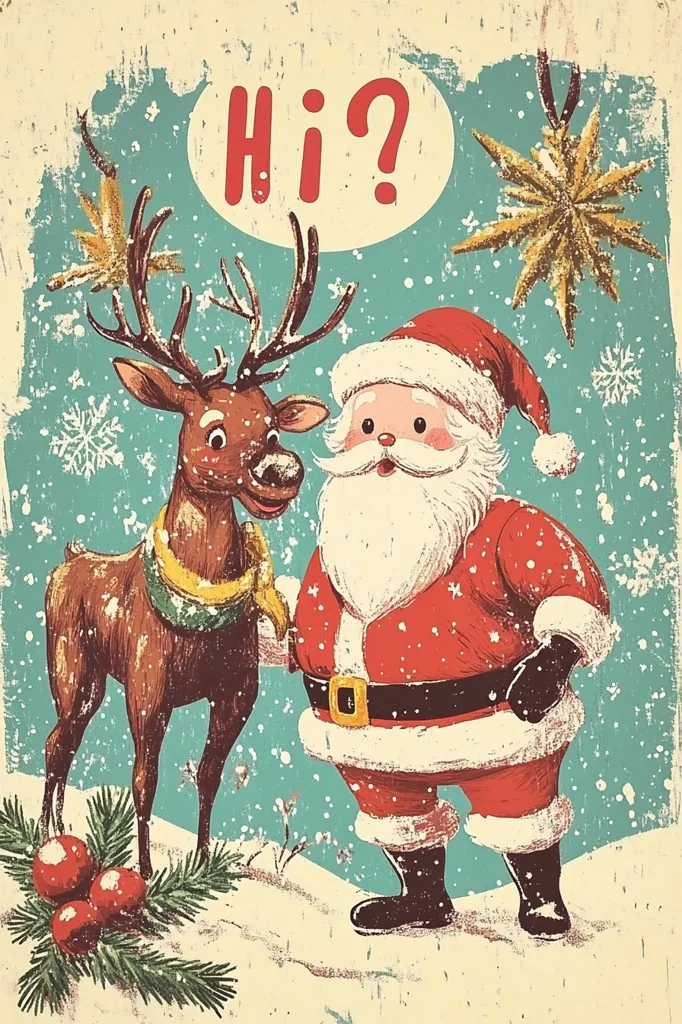 A vintage-style Christmas card featuring a smiling Santa Claus in a red suit and a reindeer. The reindeer is brown with a green and yellow scarf. Santa Claus is holding a bag, and the reindeer has a surprised expression on its face. The card is set against a blue and white background with snowflakes. A speech bubble above Santa Claus reads "Hi?"