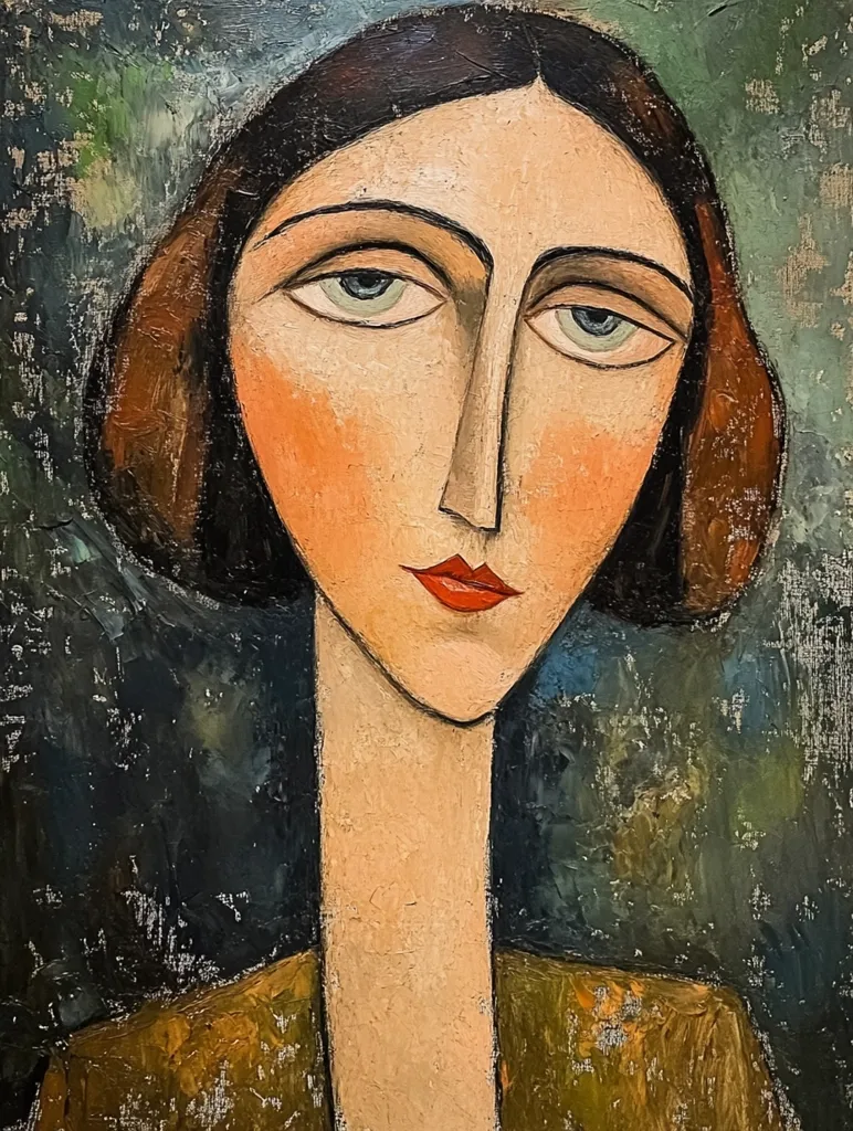 The painting depicts a woman with dark hair, her face painted in a stylized, almost cartoonish manner. She has large, expressive eyes with a prominent nose and full lips painted in a bold red. Her skin is pale, her neck elongated, and the background is a mottled blue-green. The artist's use of thick brushstrokes and vibrant color create a sense of depth and texture. The woman's gaze is direct and intense, suggesting a sense of inner strength and confidence.  The painting has a timeless quality and evokes a sense of mystery.  The overall impression is one of beauty and power.