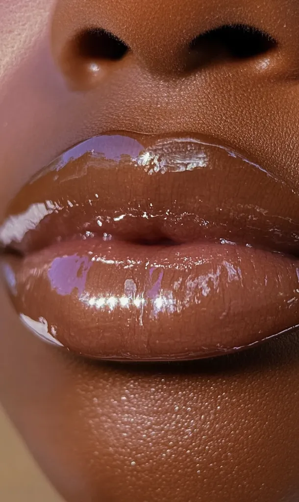 A close-up of a person's lips with a glossy, light brown lip gloss. The gloss is reflective and creates a shimmering effect. The skin around the lips is a rich brown color and has a textured appearance. The focus is solely on the lips and the gloss. The image is sensual and alluring.