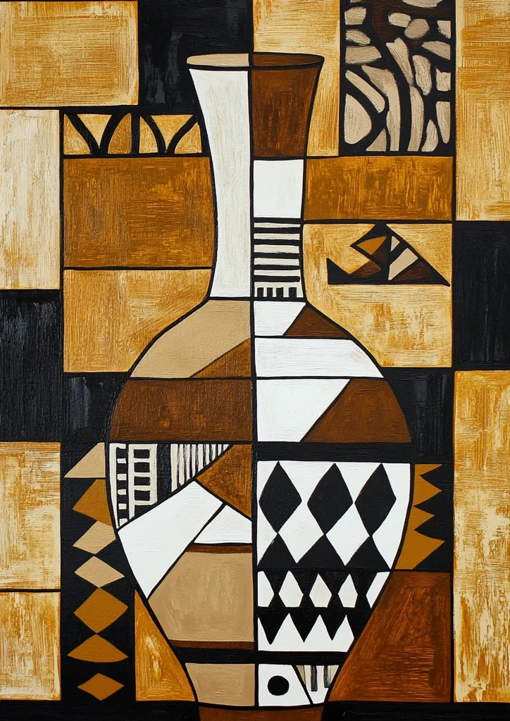 The image is a stylized, geometric abstract painting of a vase. The vase is depicted in shades of brown, white, and black, and is surrounded by a background of geometric shapes and patterns. The overall effect is one of simplicity and elegance. The artwork seems to be inspired by African art.  The vase takes up the majority of the composition, with the background serving as a complementary element. The geometric shapes and patterns create a sense of depth and movement, while the simple color palette provides a sense of calm and tranquility.