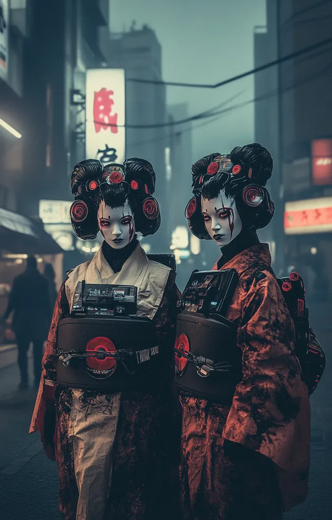 Two women in traditional Japanese clothing stand in a city street. They are wearing black and red outfits with futuristic-looking accessories. They both have dark hair and red eye makeup, and are looking directly at the camera. The city is in the background, with buildings and street lights visible. The image has a dark and mysterious atmosphere, with the women seeming to be out of place in their surroundings.