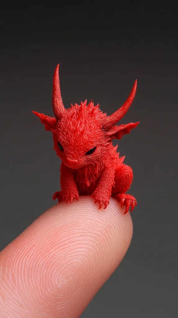 A small, red, furry creature with horns and wings sits on a finger. The creature has a fierce expression and appears to be a miniature demon or dragon. The background is a blurry gray.  The focus is on the creature, highlighting its detailed features. The image captures a sense of whimsical fantasy and contrasts the small creature with the large finger.