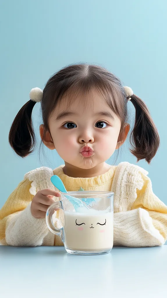 A young girl with pigtails is sitting at a table, holding a mug of milk with a cute cartoon face on it. She is pursing her lips and looking directly at the camera. Her hair is dark brown and her skin is fair. She is wearing a yellow sweater with a white knitted overlay. The background is a light blue wall.  The girl appears to be happy and enjoying her drink.  The image is bright and cheerful.