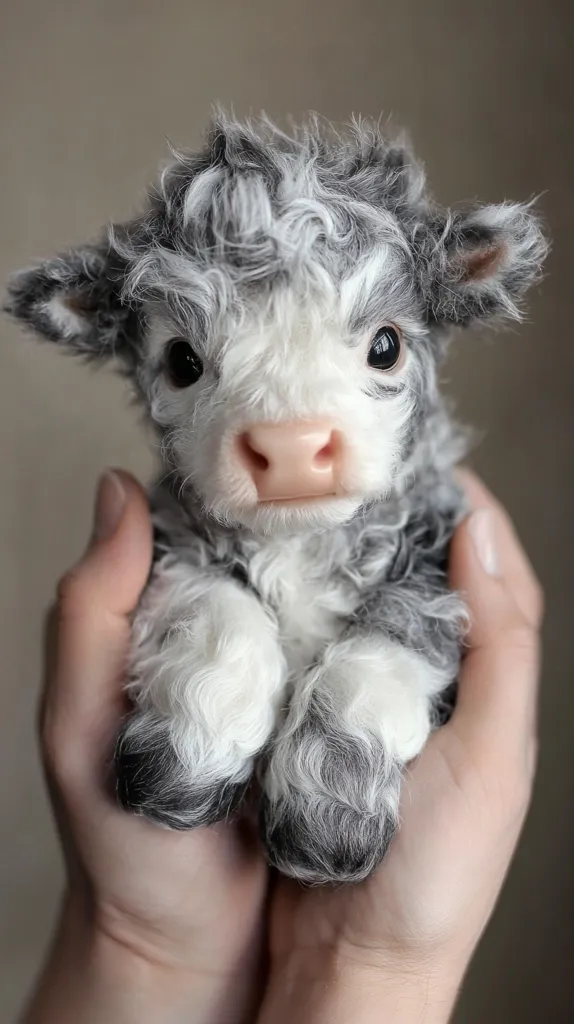 A small, fluffy calf with black and white fur is being held in a person's hands. The calf has large, dark eyes and a pink nose. It is looking directly at the camera with a curious expression. The calf's fur is soft and thick, and its legs are small and rounded. The calf's hooves are black. The photo is taken from a close-up perspective. The background is a blurry, light brown color.