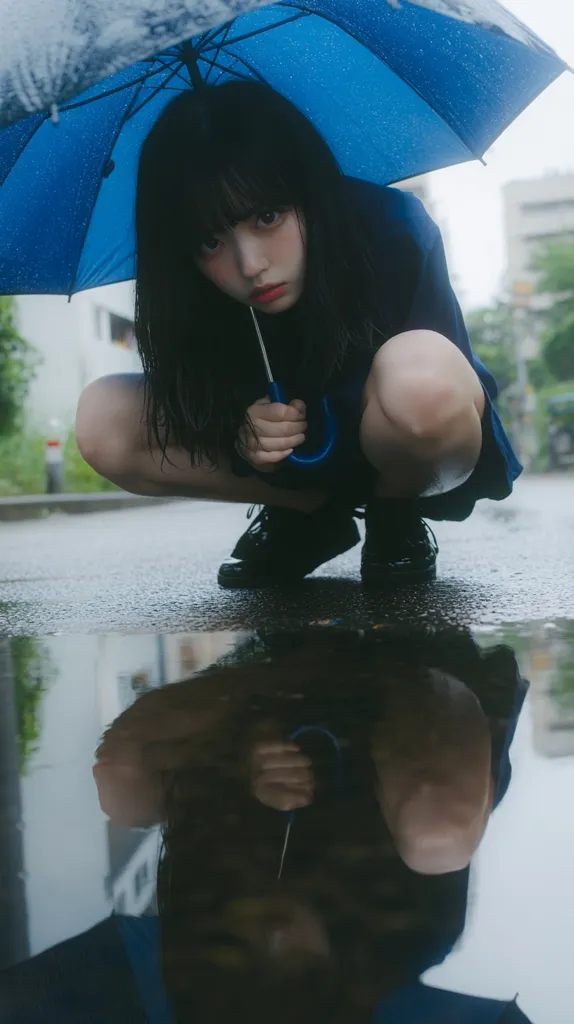 A young woman with long black hair is squatting on a wet pavement, holding a blue umbrella above her head. The umbrella is reflecting in a puddle on the ground, creating a distorted image of the woman. The scene is set in an urban environment, with buildings in the background. The overall mood is one of quiet contemplation and introspective thought.