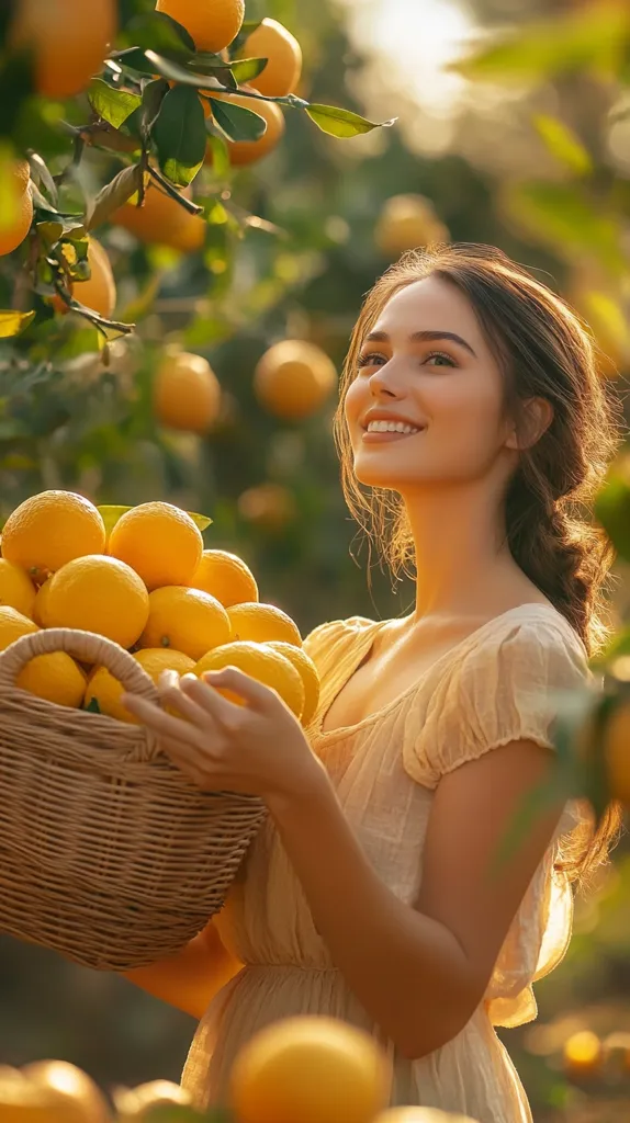 A young woman with long brown hair stands in a grove of orange trees, her smile reflecting the warm afternoon sun. She holds a basket overflowing with ripe oranges, their golden hues echoing the light that filters through the leaves. She looks up, bathed in a golden glow, enjoying the simple beauty of the moment. The air is filled with the scent of citrus and the promise of summer.