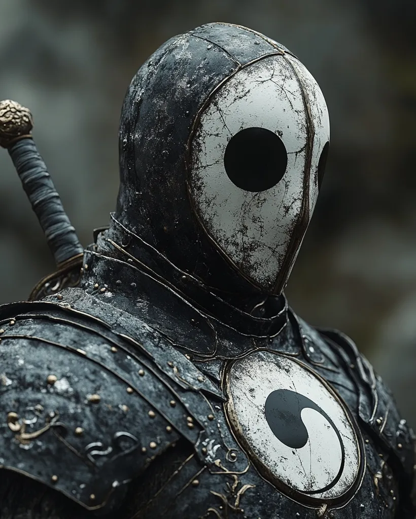 The image features a close-up of a knight clad in dark armor. The knight's helmet, bearing a distinctive white face with a single large black eye, covers their head and obscures their features. A yin-yang symbol, also painted white, is prominently displayed on the chestplate of the armor. The knight holds a sword at their side, suggesting a sense of readiness and power. The weathered texture of the armor suggests a warrior who has seen extensive combat. The overall tone of the image is one of mystery and intrigue, creating a sense of the unknown and hinting at a story waiting to be told.