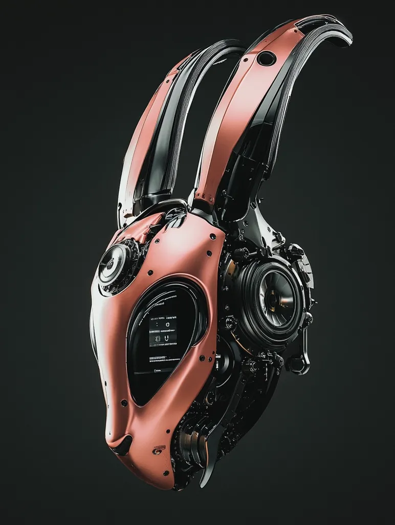 The image showcases a futuristic, robotic, and highly stylized rendition of a rabbit's head. The head is composed of intricate metallic parts, primarily in a sleek rose-gold color. The ears are long and slender, crafted from black metal and designed to resemble bunny ears. The head features a small, rectangular screen displaying an array of numbers, suggesting technological capabilities. The overall design is a blend of organic and mechanical elements, creating a captivating visual that blends the natural and the artificial.